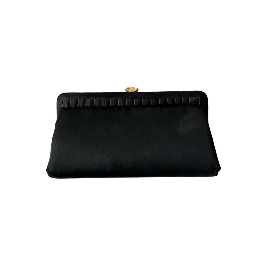 Vintage Ruffled Black Textile Clutch With Gold Clasp